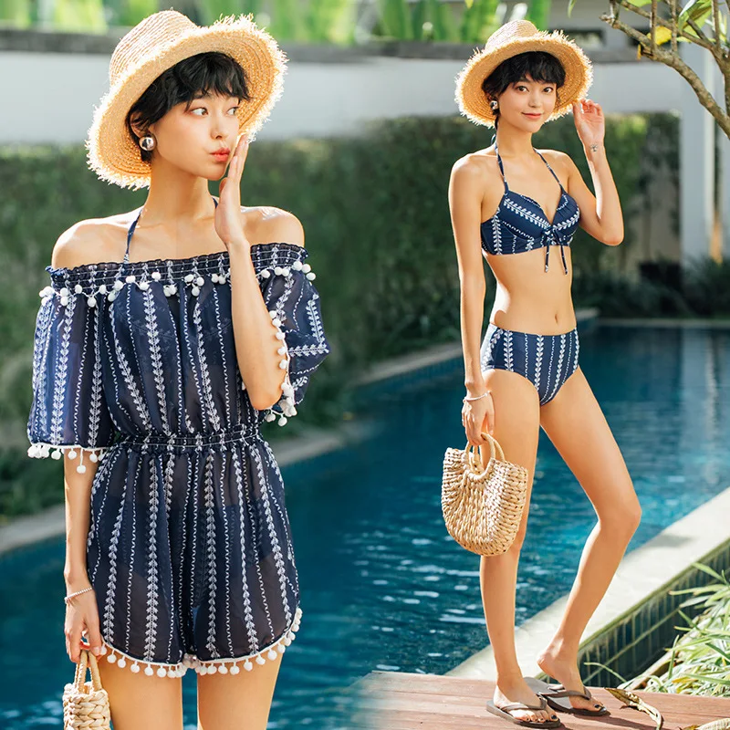

New Style 2018 Hot Springs Skirt Bikini Split Type Three-piece Set Sleeved WOMEN'S Swimsuit Hot Springs Korean-style Swimwear