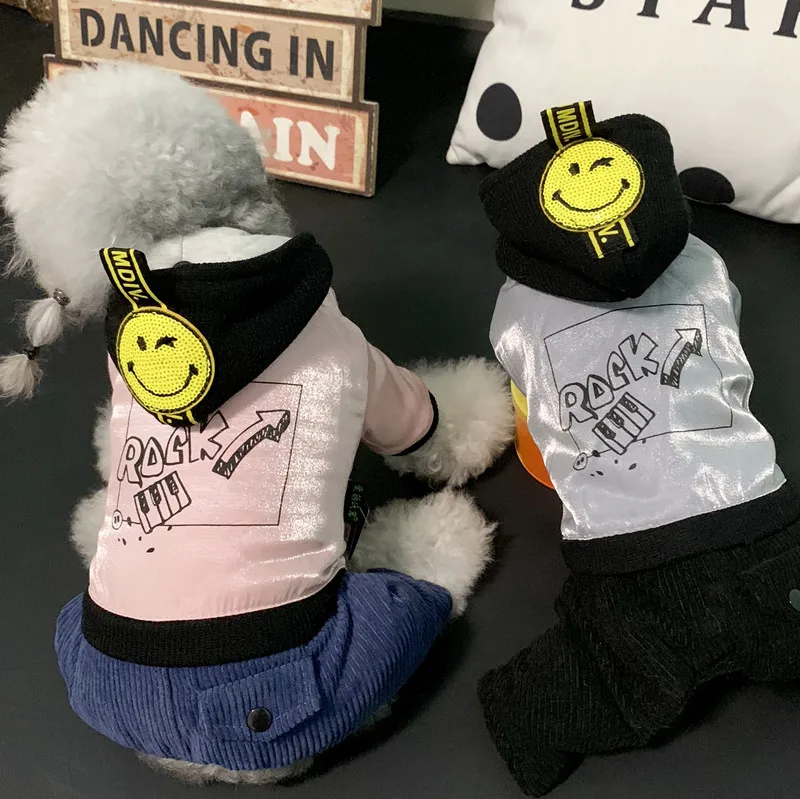 

Autumn and Winter Thickening Clothes for Dogs Pink Silver Colors Four Legs Pet Clothing with Hat Cotton Warm Padded Dog Jumpsuit