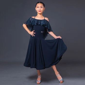 

Ballroom Waltz Dresses Girls Dark Blue Suspender Dress Standard Dancing Practice Performance Clothing Waltz Stage Wear DN6417