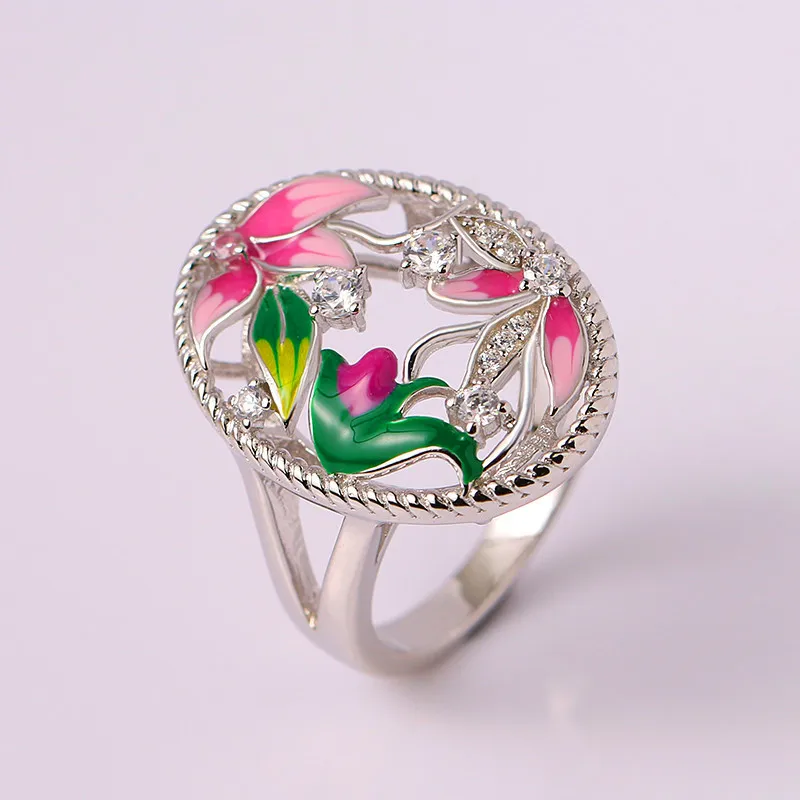 Female Colorful Enamel Flower Ring 925 Silver Color Big Oval Geometric Wedding Rings For Women Luxury Engagement Ring Jewelry Cz