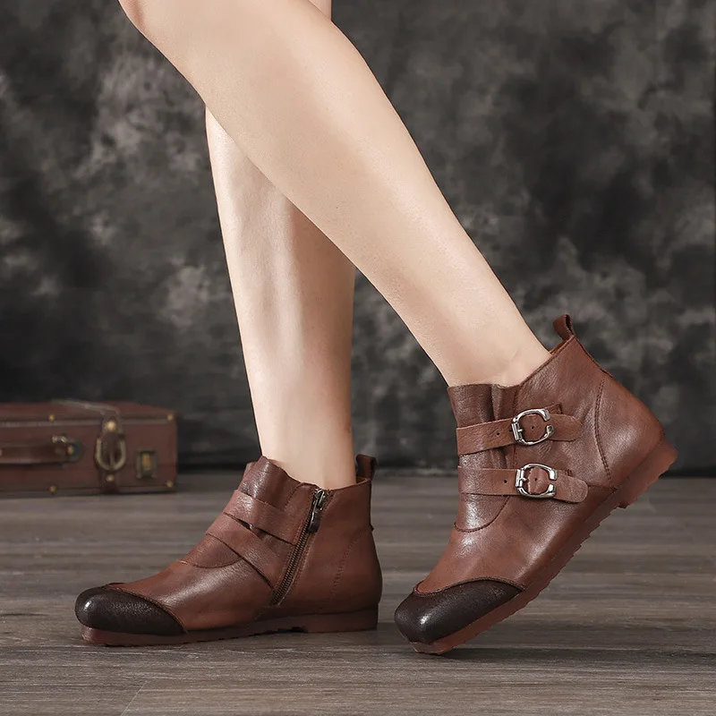 

Artdiya Original Autumn and Winter New Flat Bottom Women Boots Genuine Leather Buckle Ankle Boots Soft Sole Comfortable Handmade