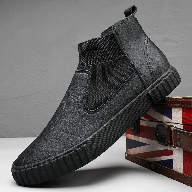 Mens Moccasins Casual high top slip on Leather Shoes Male Casual Shoes black gray Sneakers Leather flats shoes A22-03