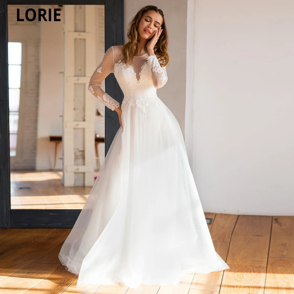

LORIE Beach Wedding Dresses with Long Sleeve Dot Tulle Appliques Lace Boho Ivory White Bride Gowns illusion Boho Country Mariage
