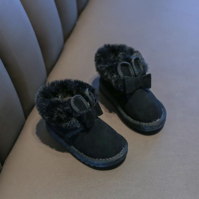 Модные меховые зимние ботинки с бантом для детей 1-6 лет; зимняя обувь для девочек; детские зимние ботинки; кожаные ботинки для детей; Нескользящие Детские ботинки принцессы