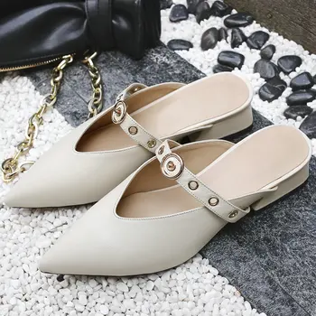 

Fashion Simple Muller Leather Women's Sandals Solid Color Low-heeled Shoes Party 2020 Spring Summer New Women Slippers 34-43