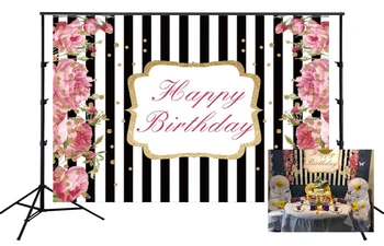 

Floral Fabulous Birthday Party Backdrop Black White Stripes Gold Dots Rose Flowers Sweet 16 Party Decor photo background SM-314