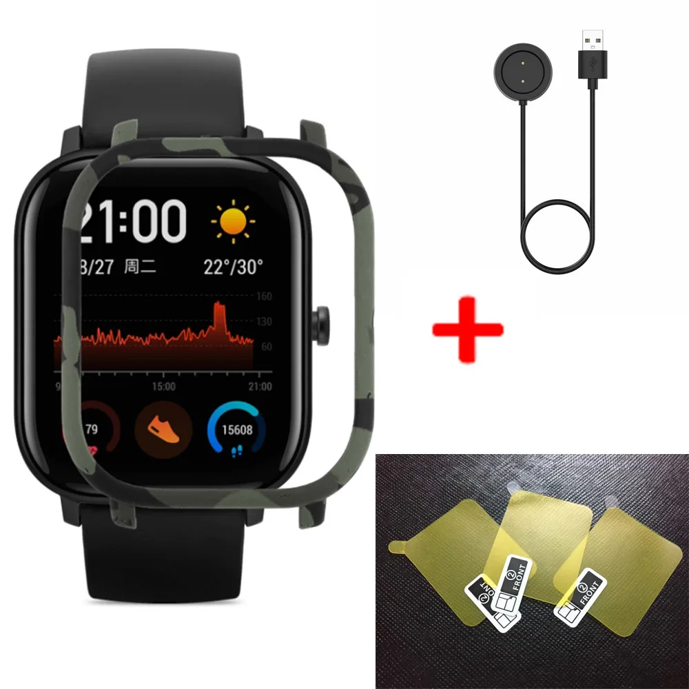 3 в 1 защитный чехол из поликарбоната для Xiaomi Huami Amazfit GTS Smart Watch Band полный корпус+ пленка для экрана для Amazfit band USB кабель - Цвет: Color1