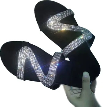 

MoneRffi Women Summer Flat Slippers Rhinestone Shoes Open Toe Roman Beach Sandals Ladies Sexy Flip Flops Black Non-slip Slides