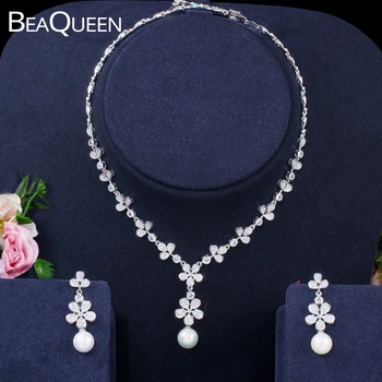

BeaQueen Noble Cubic Zircon Crystal Flower Pearl Earrings Necklace Bridal Jewelry Set Wedding Dress Accessories for Brides JS220