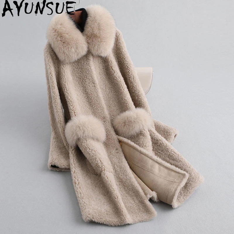 

AYUNSUE 2019 Real Sheep Shearling Fur Coat Female Fox Fur Collar 100% Wool Coats Winter Jacket Women Korena Long Jackets MY4027