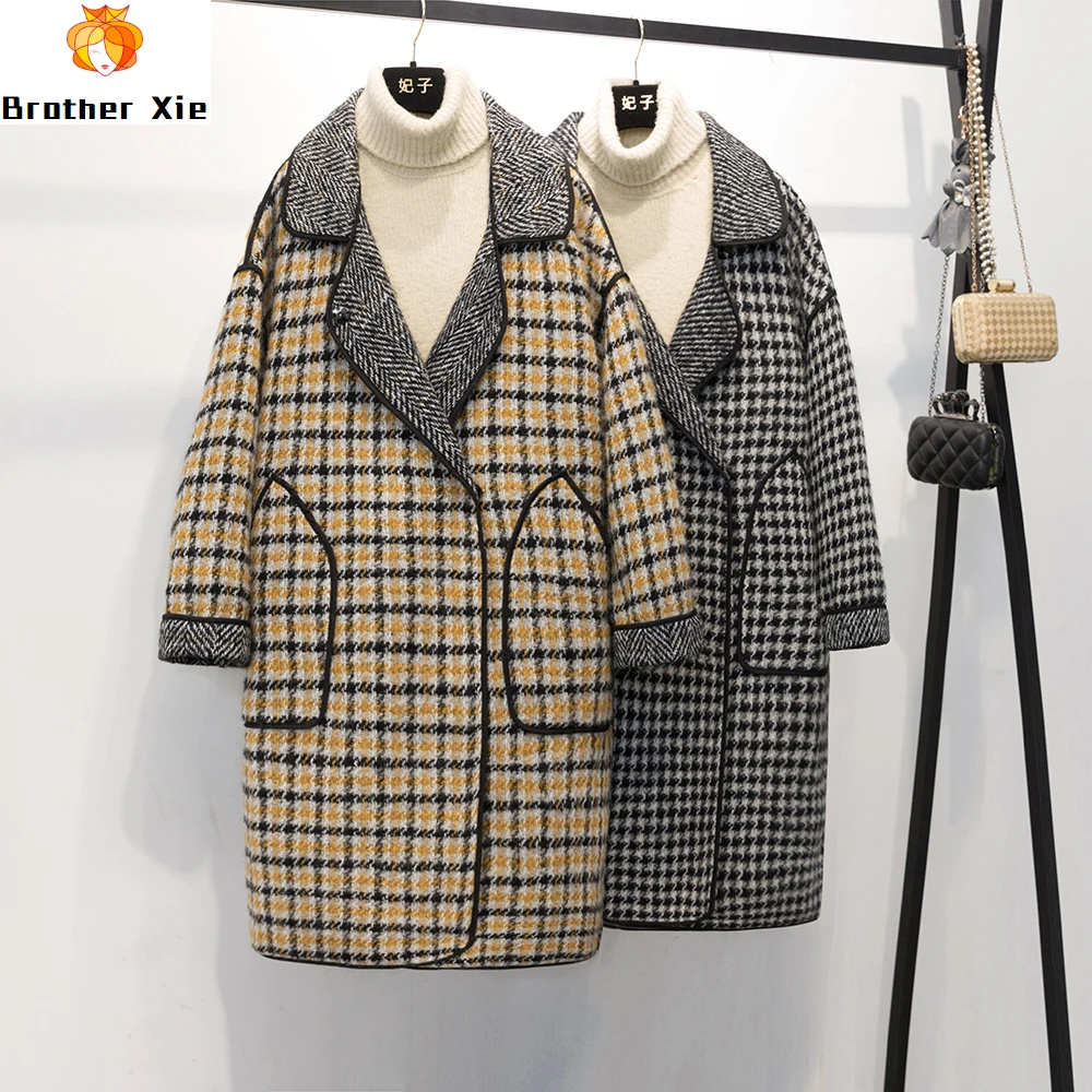 

Long Spring Wool Jacket 2020 New Korean Lapel Loose Jacket Overcoat Woman V-neck Drop-shoulder Loose Winter Plaid Wool Coat