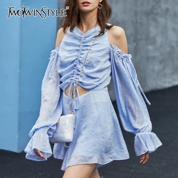 

TWOTWINSTYLE Patchwork Ruffles Women Playsuit V Neck Off Shoulder Flare Sleeve High Waist Hollow Out Short Jumpsuits Female Tide