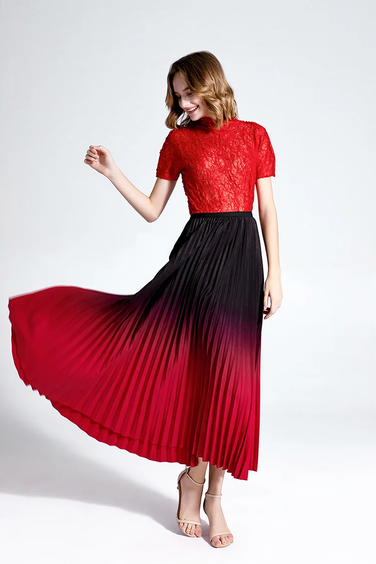 LANMREM Pleated skirt mid-long folded vintage skirt gradient color elastic waist pleated bottoms famale 2020 fashion new YJ726