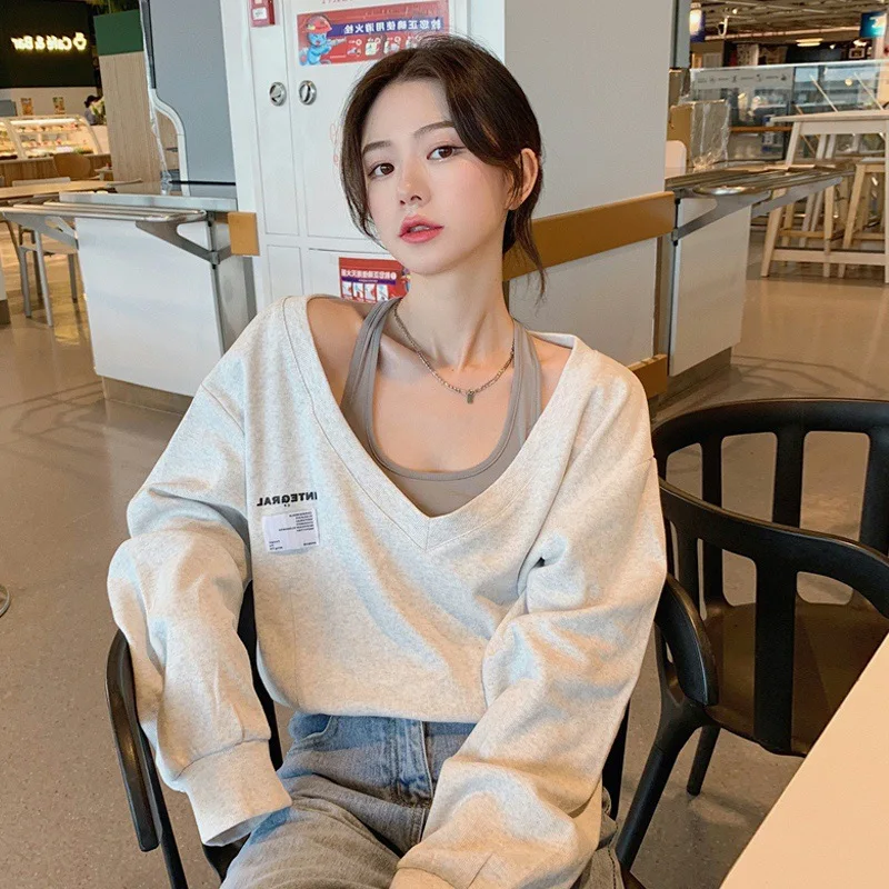 Spring Women Sweatshirt Halter Vest Fake Two Piece Tops Off Shoulder V-Neck Pullovers Blouses Streetwear Fashion Femme Clothing | Женская
