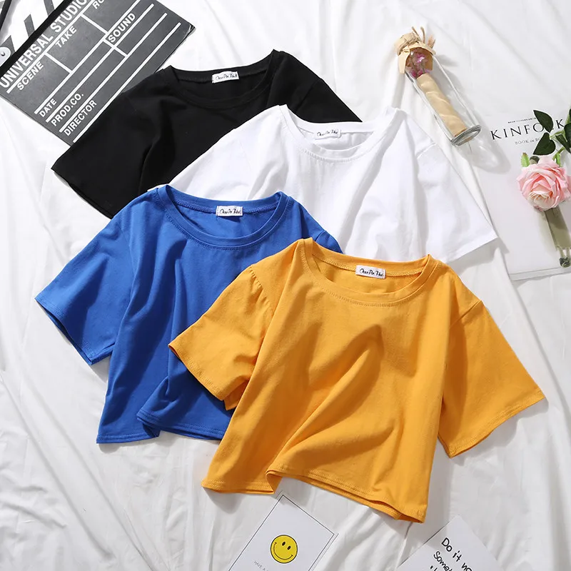 Camisetas de manga corta de verano para mujer, camiseta lisa de algodón con cuello redondo, Top corto de cintura alta, camiseta holgada informal para mujer