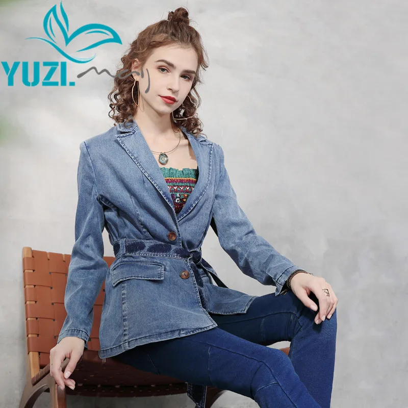 

Куртки для женщин 2021 Yuzi.may Бохо новые джинсовые женские пальто с длинным рукавом Съемный ремень однобортная куртка B9322