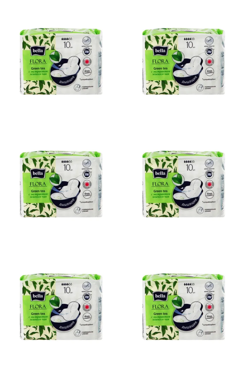 BELLA Прокладки Flora Green tea с экстрактом зеленого чая 10 шт./уп 6 уп | Красота и здоровье