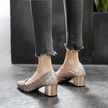 

Pumps Women Pointed Toe Chunky Heel High Heels Shoes Shallow Mouth Bling Wedding Shoes Sexy Women Fashion Shoes