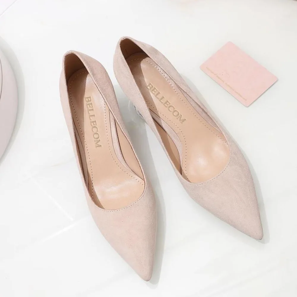

BELLECOM 2019 spring and autumn new chunky shoes cashmere vamp shoes shallow mouth pointed crystal heel women's shoes