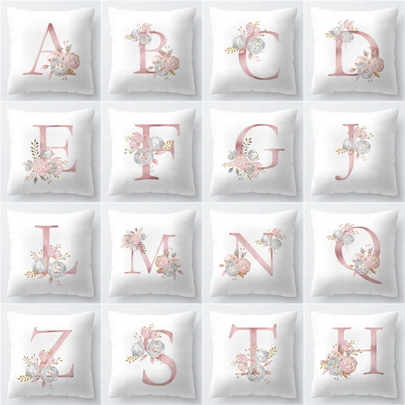 Pink Letter Decorative Floral Pillow Gold Alphabet Cushion for Sofa Polyester Pillowcase Decoration Salon 1