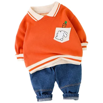 

Baby boy's clothes knitted sweater warm two-piece suit new casual sports lapel bunny cartoon printed sweater jeans baby boy suit