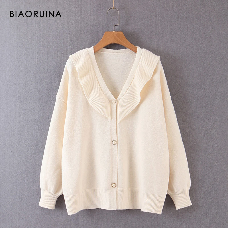 

BIAORUINA 4 Color Women's Solid Single Breasted Knitted Cardigans Tuffles Female Sweet Comfortable Keep Warm Sweater