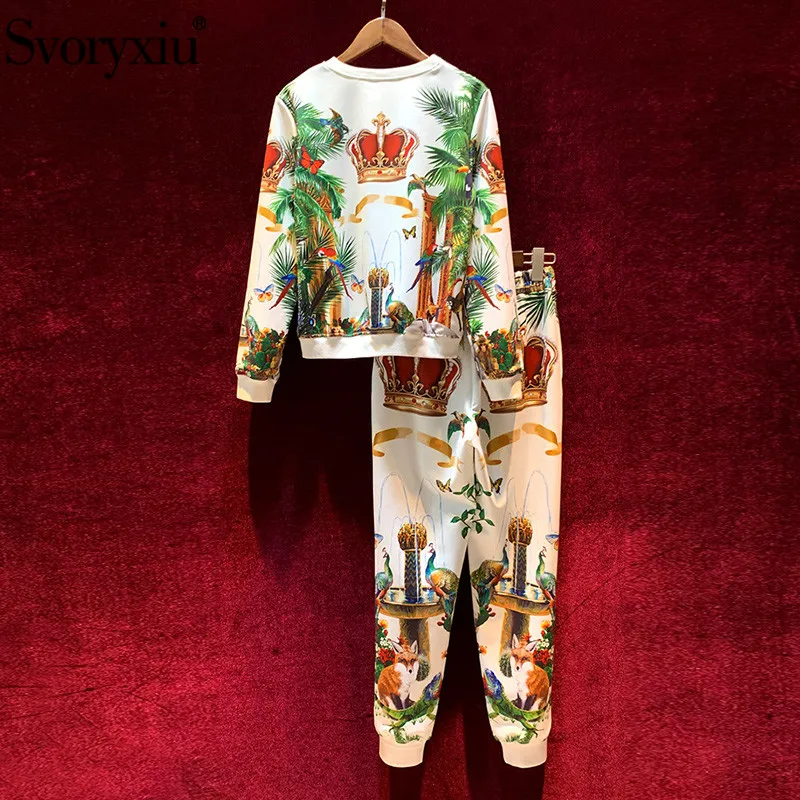 Svoryxiu Мода Подиум осень зима брюки костюмы женские винтажные корона с животным принтом повседневные движения комплект из двух предметов женский