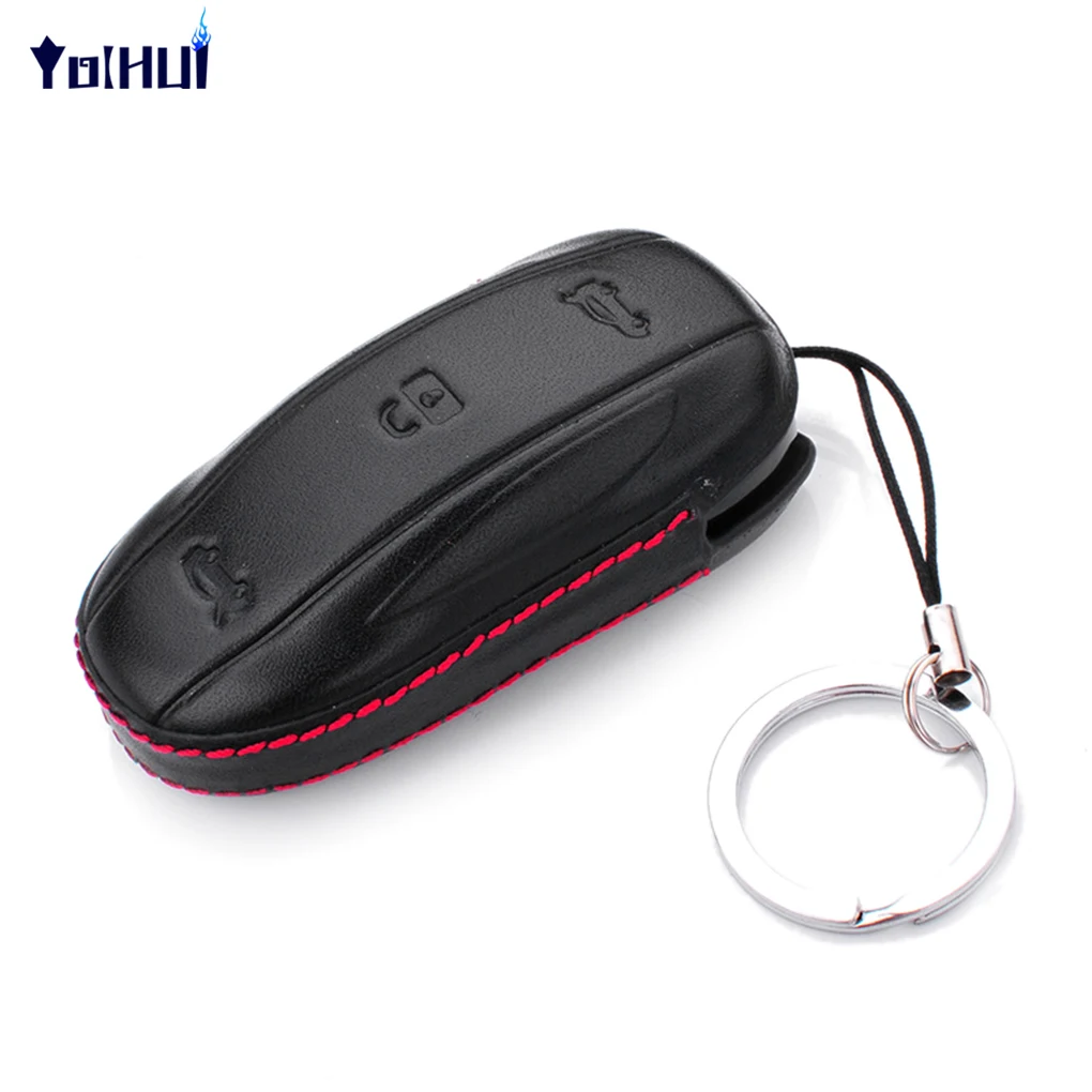 

For Tesla Model S 4D Car Leather Key Wallet Cover Case Shell with Key Ring Key Holder