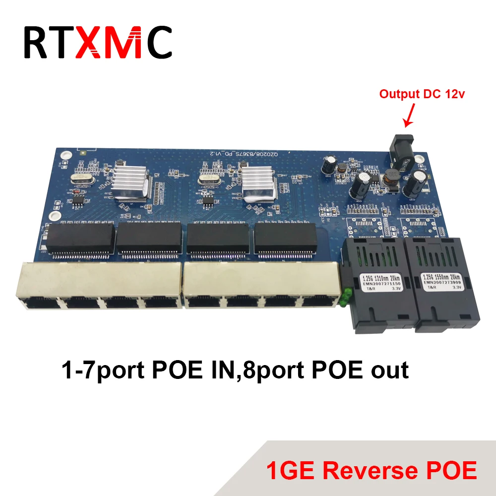 Reverse POE 2G8 RJ45 Gigabit Ethernet Switch 2*1.25G Fiber port SC connector 8*1000M PCBA Board  Fibra optical Converter plate dual band modem