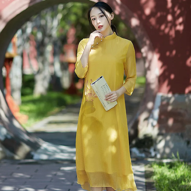

The Faith Cloud Water Clods Double Layer xue fang zhou Cheongsam Chinese Style Dress Hand-Painted Lotus Four Colors Women's L910