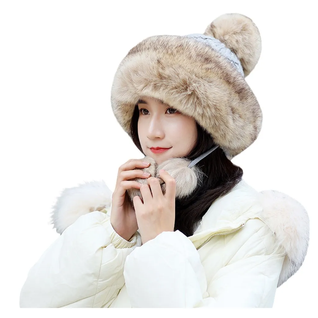 Женская модная теплая зимняя шапка с ушками вязаная шерстяная помпоном для