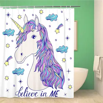 

Bathroom Shower Curtain Adult Head of Unicorn on Fantasy Sketch Animal Believe 72x78 inches Waterproof Bath Curtain Set with