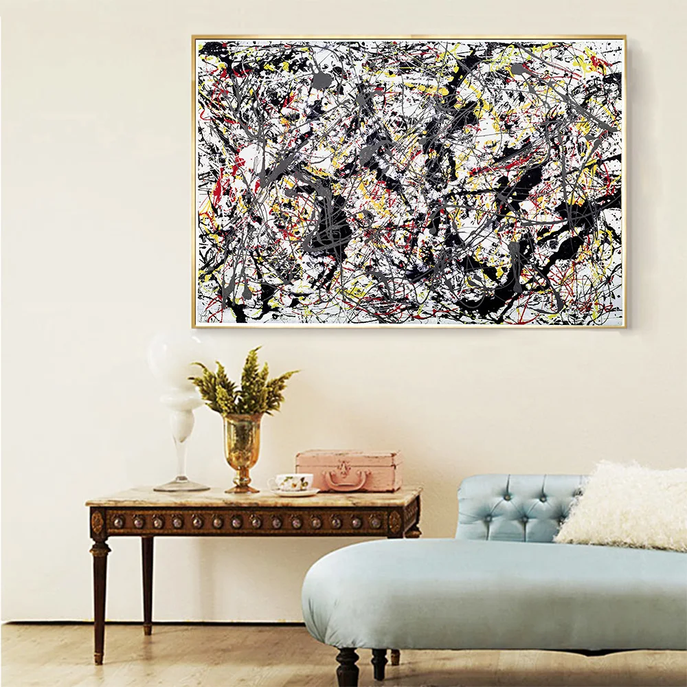 Citon Jackson Pollock 》 серебристый над черным белым желтым и красным Холст Современное искусство Масляная живопись