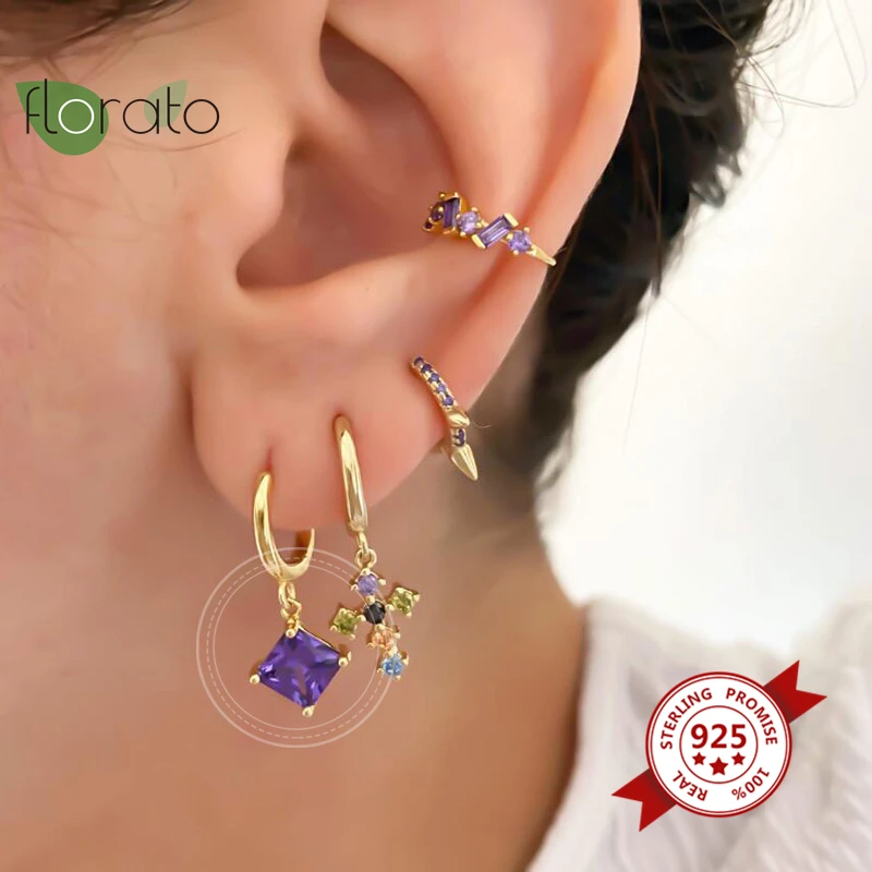 Серьги кольца женские из серебра 925 пробы с фиолетовыми/белыми