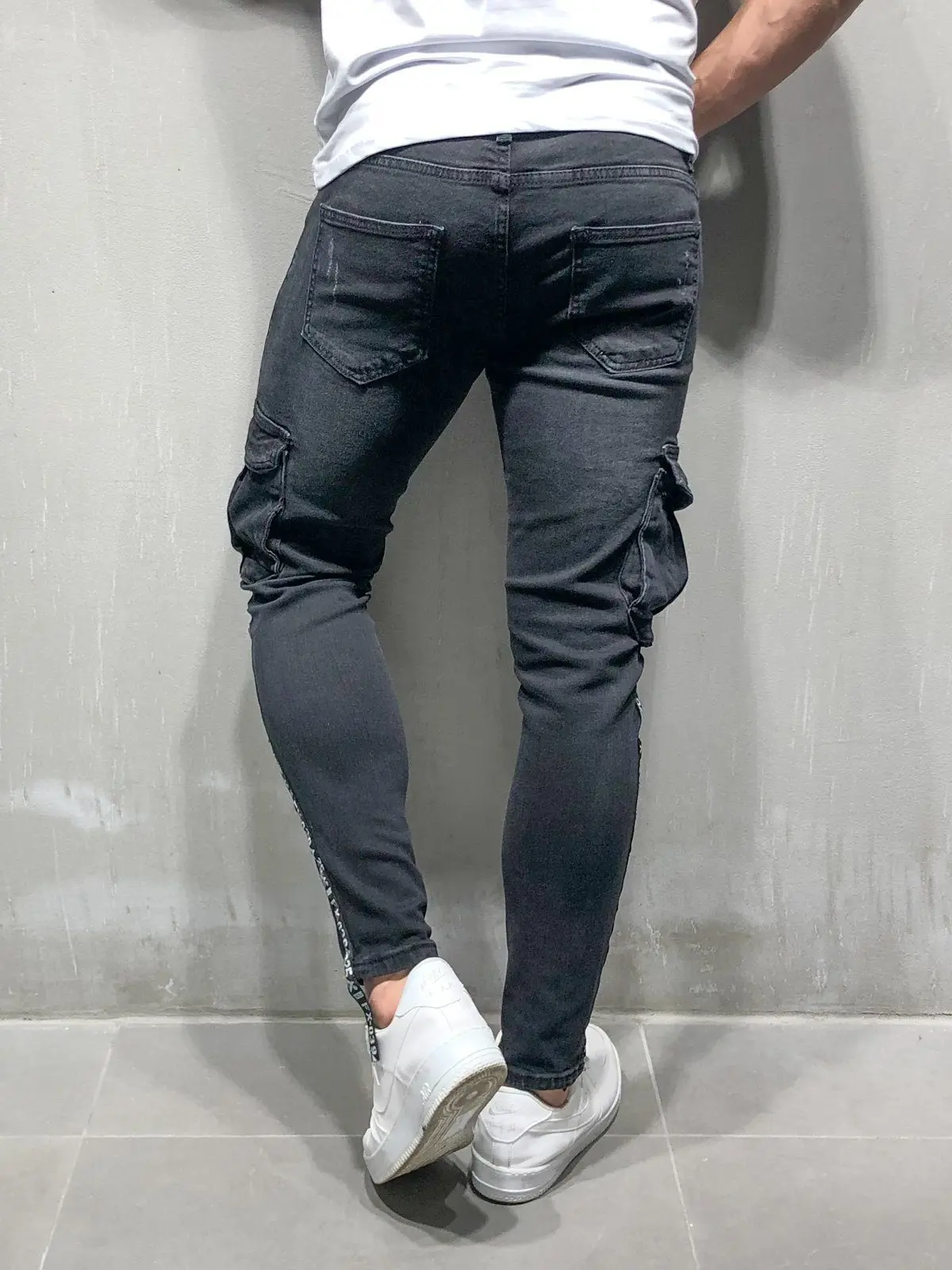 Pantalon Homme джинсы обтягивающие для мужчин черный карман карго карандаш брюки деним Модные ботильоны на молнии уличная джинсы человек известный бренд