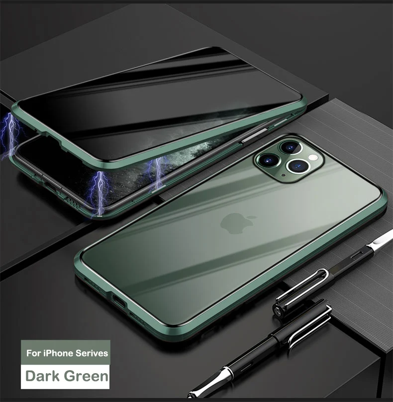 360 роскошный Магнитный чехол для iPhone 11 Pro Max, чехол из закаленного стекла для Apple iPhone X XS MAX XR 7 8 Plus 11 pro 6S Plus - Цвет: Dark Green-ZH