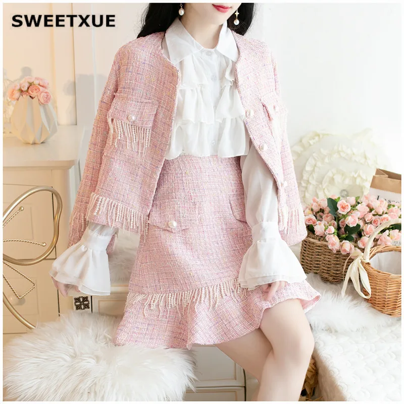 

SWEETXUE Autumn Winter Temperament Sweet Small Fragrance Set Pearl Tassel Top +Mini Tweed Fishtail Skirt Two-Piece Suit Female