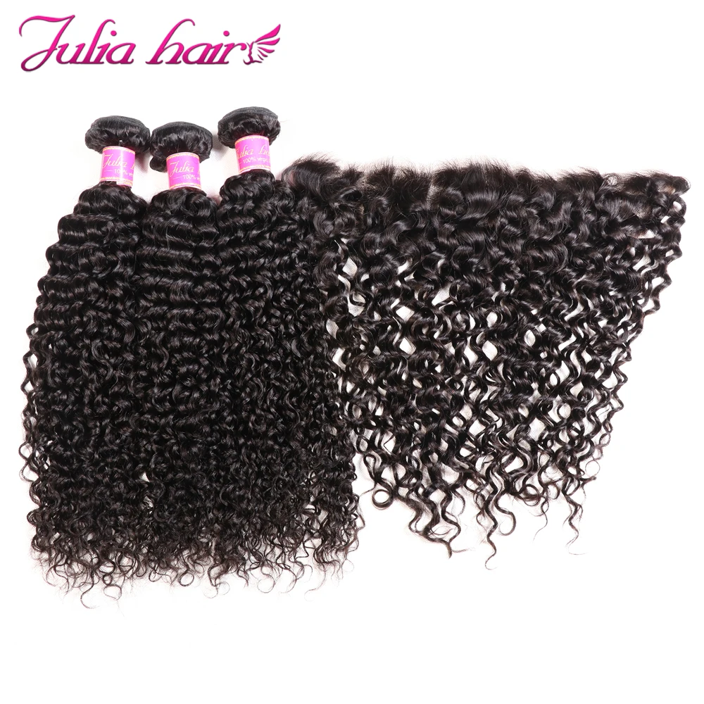 Brazilian Curly Hair 3 Bundles With Frontal Ali Julia Lace Frontal With Hair Bundles 100% Human Virgin Hair Weave with Frontal