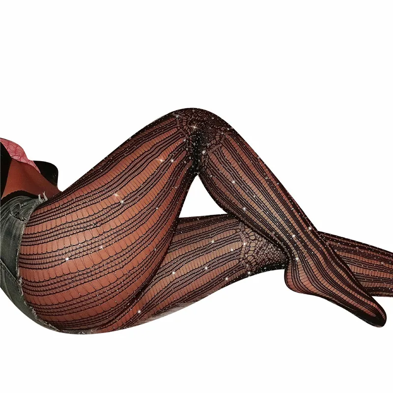 

Fashion Bling Rhinestone Tights Women Sexy Mesh Fishnet Stockings Striped Nylon Pantyhose Plus Size Party Club Hosiery