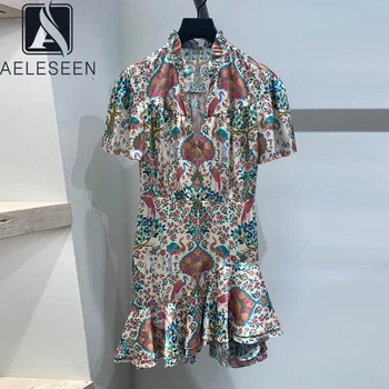 

AELESEEN Runway Fashion Trumpat Dress Women 2020 High Quality V-Neck Ruffles Floral Print Mini Party Holiday Dress Vestidos