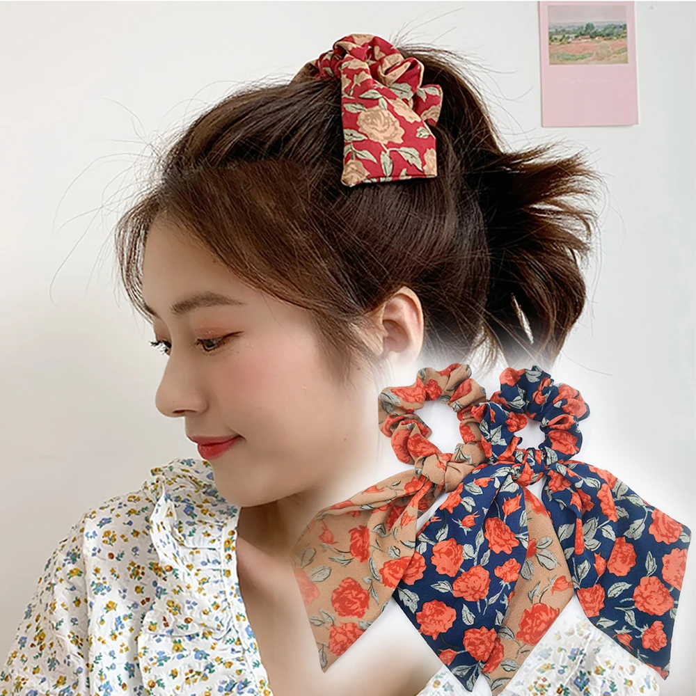 2PCS Long Ribbon Bow Print Flower Scrunchies Elastic Hair Bands Women Girls Ponytail Holder Hair Rope Tie Headband Accessories