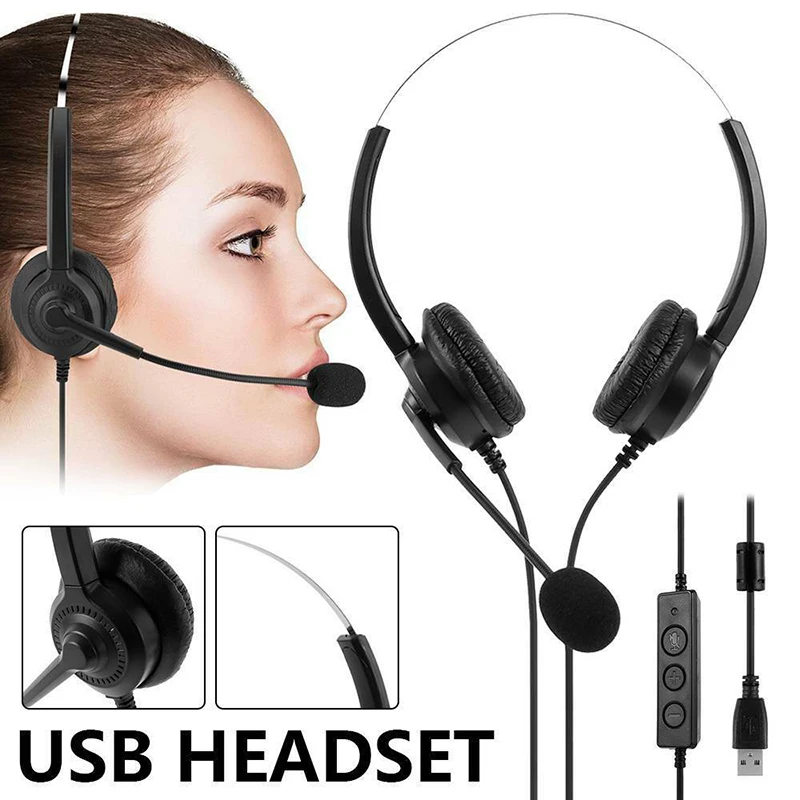 Pohiks 1pc USB Wired Headphone Customer Service Headset with Noise Cancelling Mic for PC Laptop Call Center Telephone