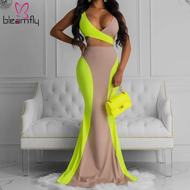 

Neon Green Beige Patchwork Sleeveless Maxi Long Dress Women Elegant 2 Pieces Set Sexy Cross Cut Out Tie Up Club Party Vestidos