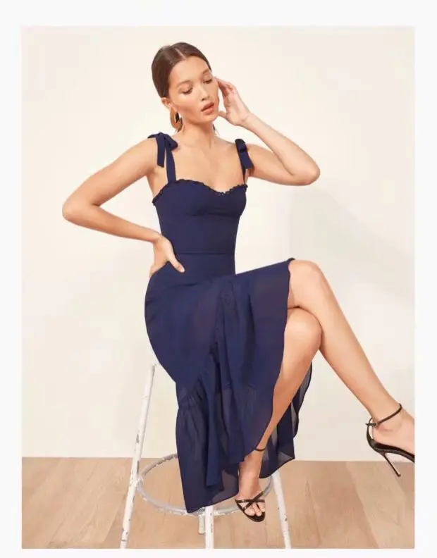 

Summer Women's Korean-style Solid Color Slim Fit High-waisted Fairy WOMEN'S Dress Flounced Black Fungus Strapped Dress Long Skir