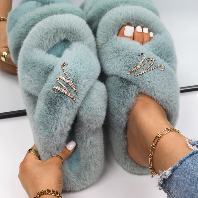 Fluffy Slippers Women Crystal Flower Decor Furry Sandals Elegant Ladies Home Flip Flops Faux Fur Slides Luxury Designer Shoes Blue11