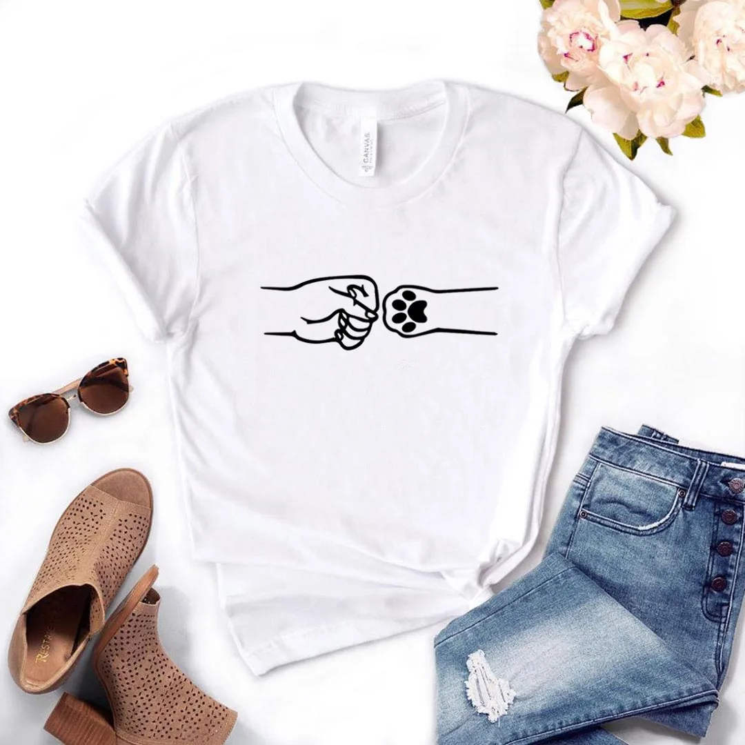 

Women Tshirt Ladies Fashion Tee Shirt Tops Camisetas Mujer Dog Cat Hand Fist Bump Print T Short Sleeve O Neck Loose