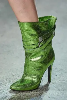 

SHOOEGLE Catwork Brand Shoes Women Green ankle Boots Pointed Toe High Heels Strap Short Booites Orange Silver Stripe Boots