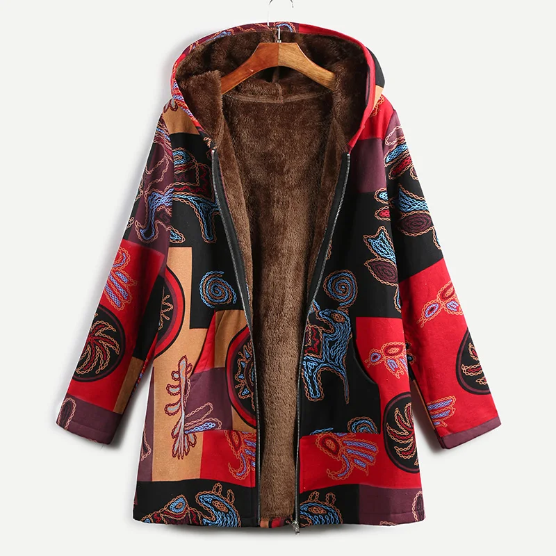 EaseHut Женская куртка с этническим принтом, пальто с открытой молнией спереди, теплое пальто с капюшоном в винтажном стиле, женская тонкая верхняя одежда, пальто размера плюс - Цвет: Серый