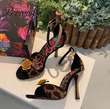 

Prowow New Genuine Leather Floral Deco Spring Summer Sandals Open Toe Luxury Design Loepard Printed HIgh Heel Sandals Shoes Wome