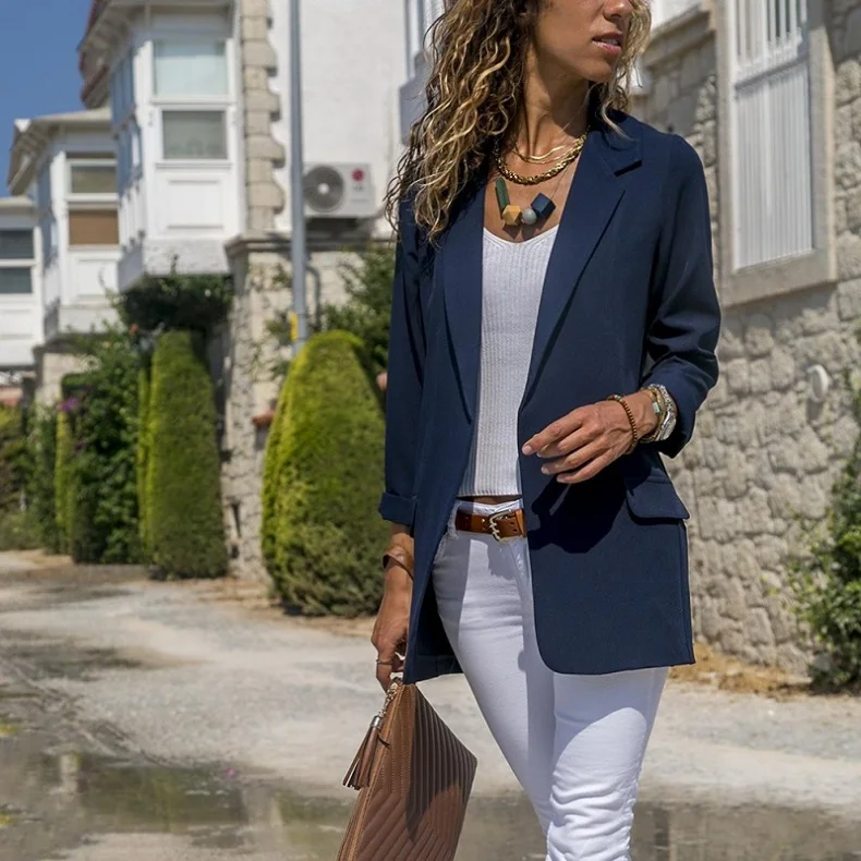 Элегантный Стиль Повседневный Классический Модный дизайн женщина сплайсинга тонкий сплошной цвет карман длинный рукав маленький Блейзер синий XL